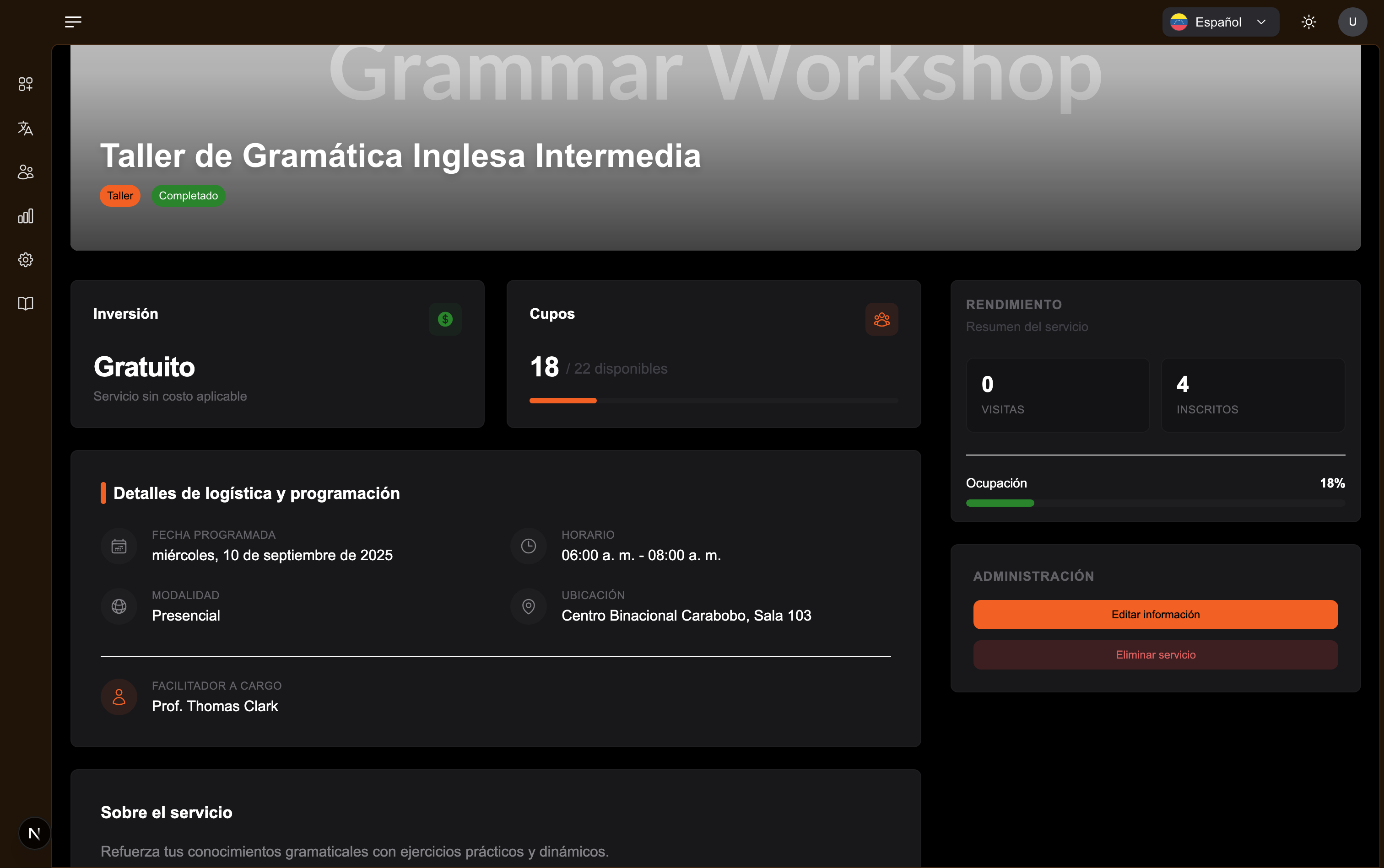 Service management screen with registrations, dates, modality, type, facilitator, and status